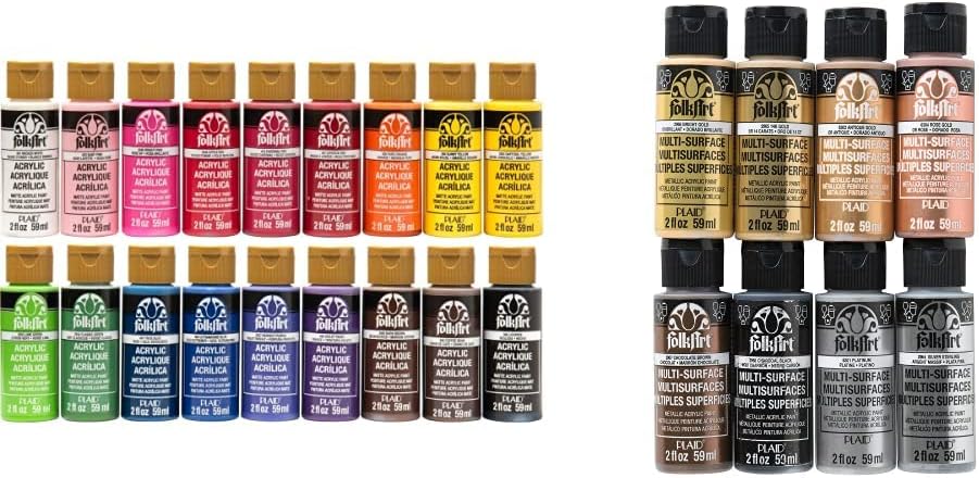 FolkArt Acrylic Paint Set (2-Ounce), PROMOFAI Colors I (18 Colors) & Metallic Acrylic Craft Paint Set Formulated to be Non-Toxic that is Perfect for Beginners and Artists, 8 Count, 2 oz, 16 Fl Oz