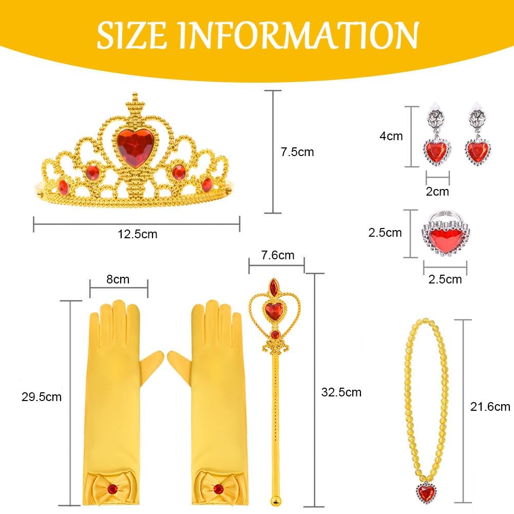 Vicloon Belle Cosplay Costume, Principessa Belle Carnevali Costume Vestito da Ragazza con Principessa Corona, Principessa Bacchetta, Cosplay Party Halloween Abito Vestito da Festa di Compleanno, 150CM