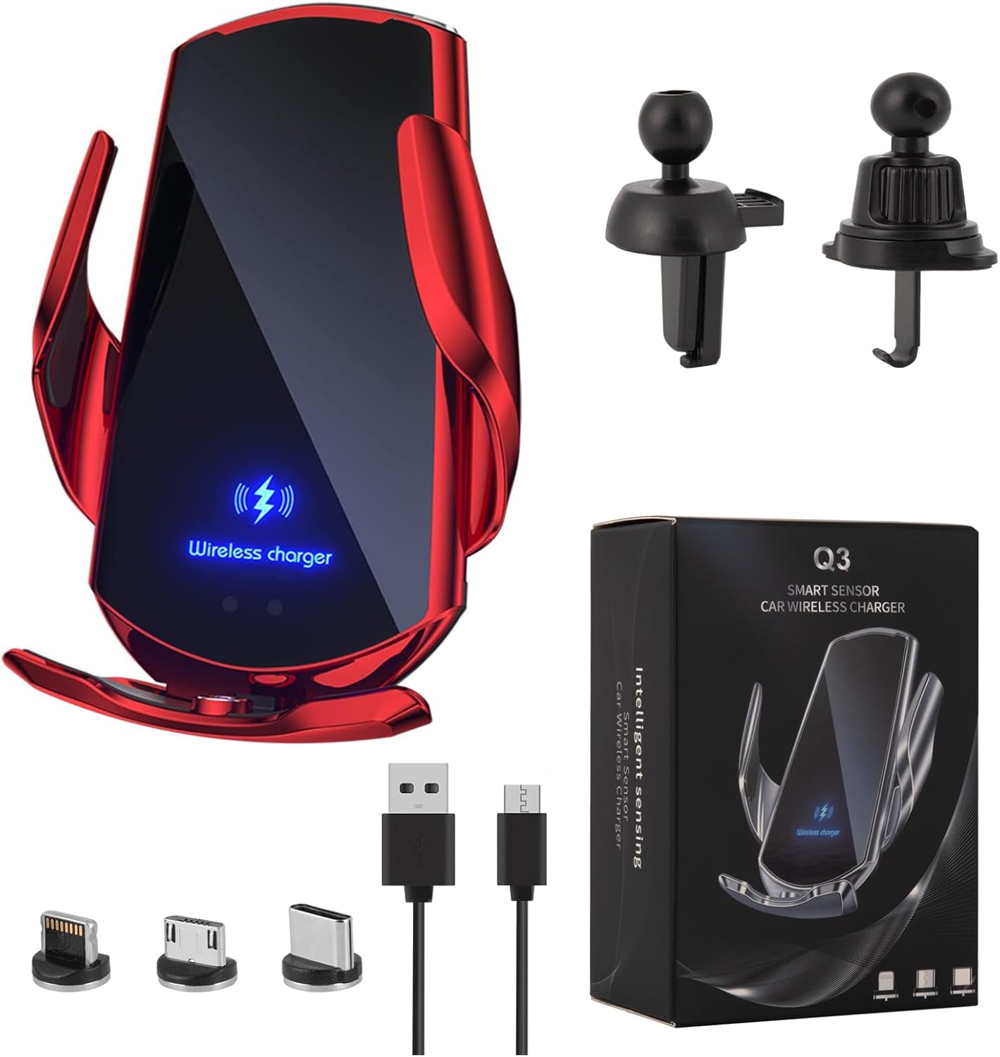 Wireless Car Charger Mount Automotive Electric Induction 15W Wireless Charger Car Auto Clamping Car Phone Holder Mount Wireless Charging Mount Vent Phone Holde Compatible with Android (Blue)