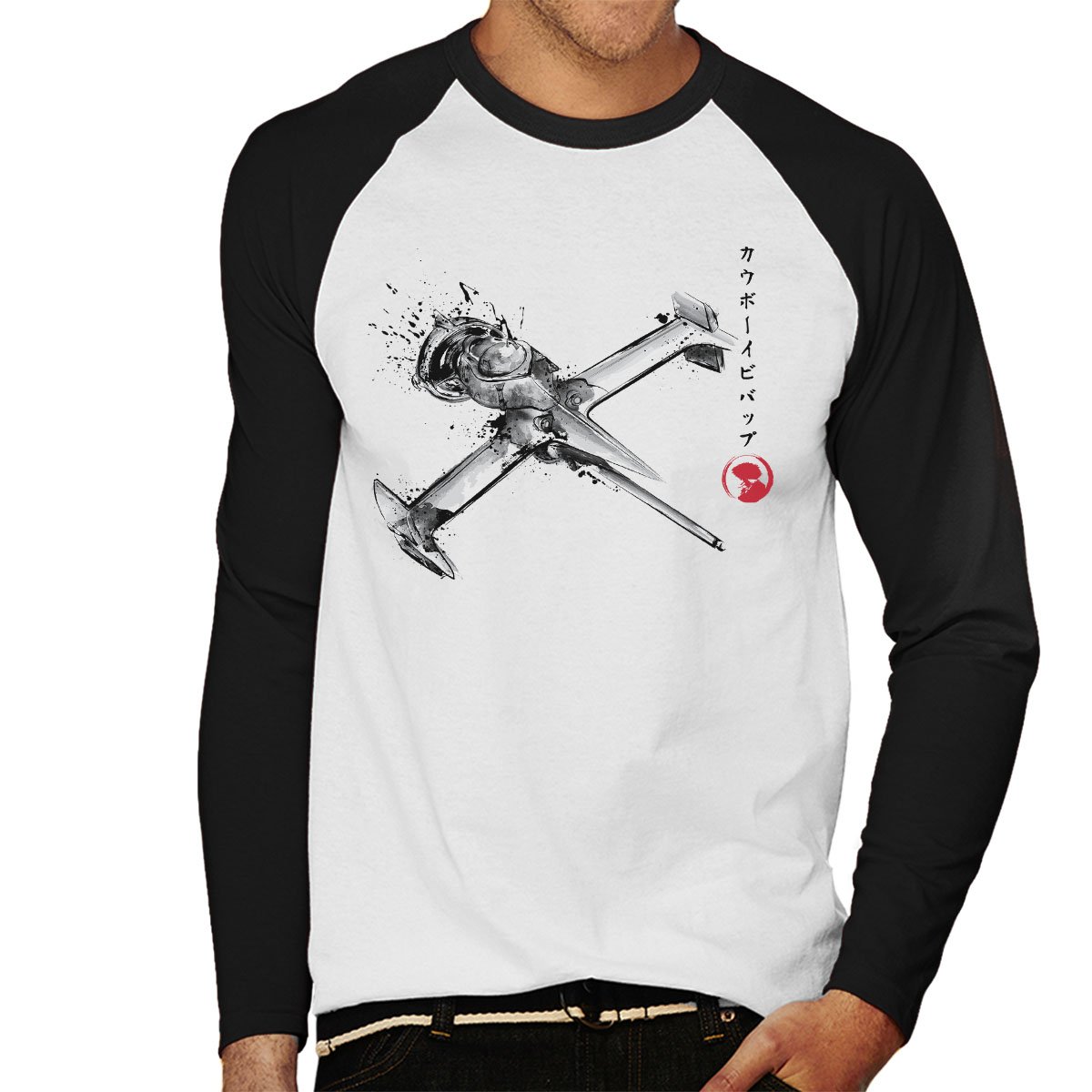 Cloud City 7 Cowboy Bebop Mono Racer Sumi E Men's Baseball Long Sleeved T-Shirt White/Black