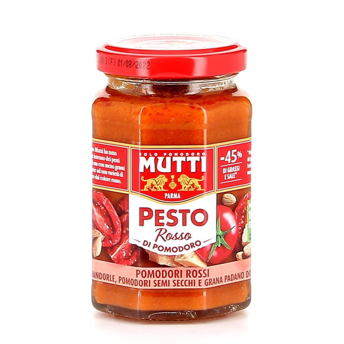 24 x Mutti Pesto Rosso Pomodori Rossi Pesto de tomate rojo Pasta Salsa 100% Tomate Italiano Vaso 180 g Salsas de especias con almendras, tomates, semillas secas y Grana Padano