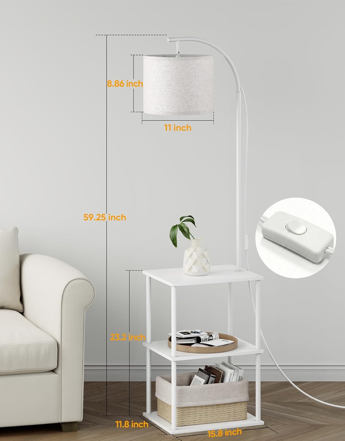 PARTPHONER Floor Lamp with Table, Night Stand with Lamp, Narrow Side Table with 3CCT LED Bulb, Small Coffee Table, Modern End Table with Storage Shelves for Living Room Bedroom Home Décor, White