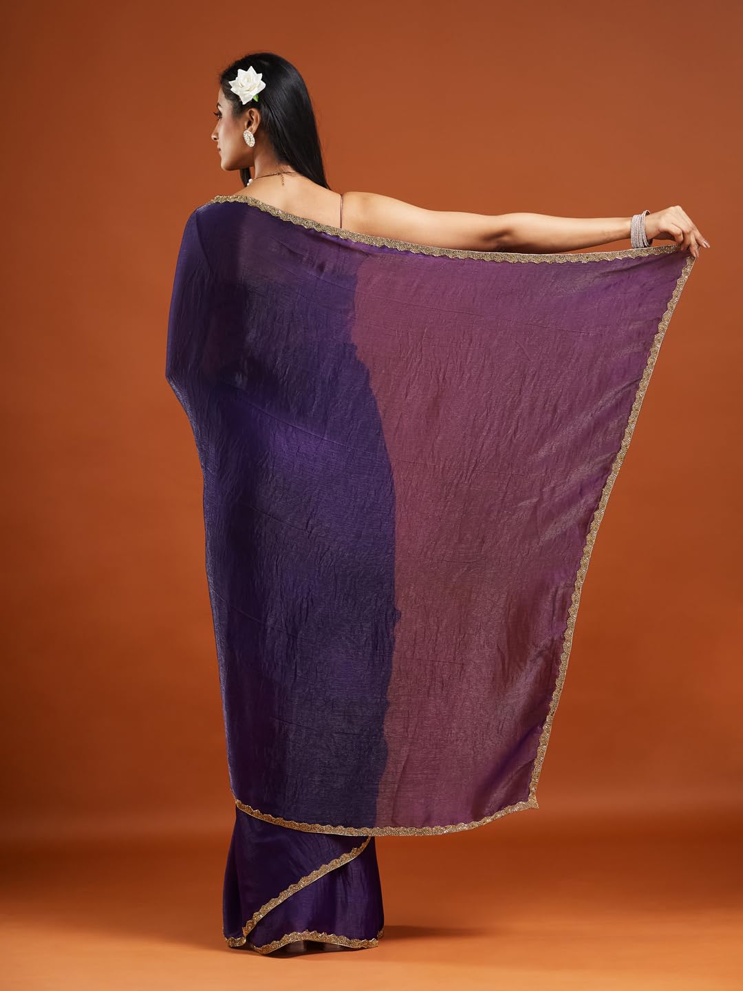 LOROFY Women's Two Tone Fendy Chiffon Saree (Lavender) - Image 2 thumbnail