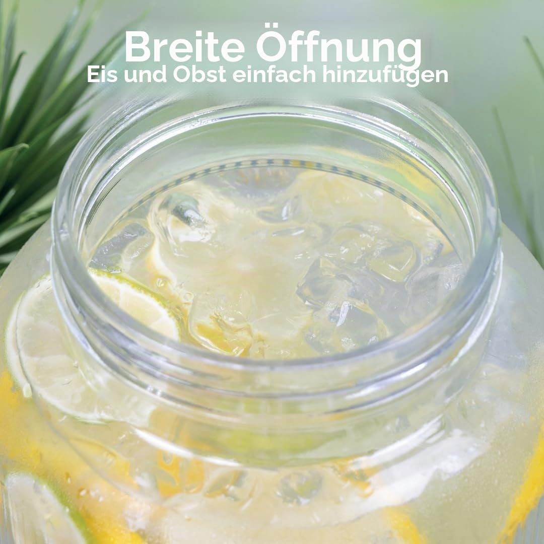 Getränkespender aus Glas mit Wasserhahn und Ständer, 5,5 l Fassungsvermögen, Wasserspender, 6 wiederverwendbare Aufkleberpackungen enthalten, sicherer Schraubdeckel/Wasser, Saft