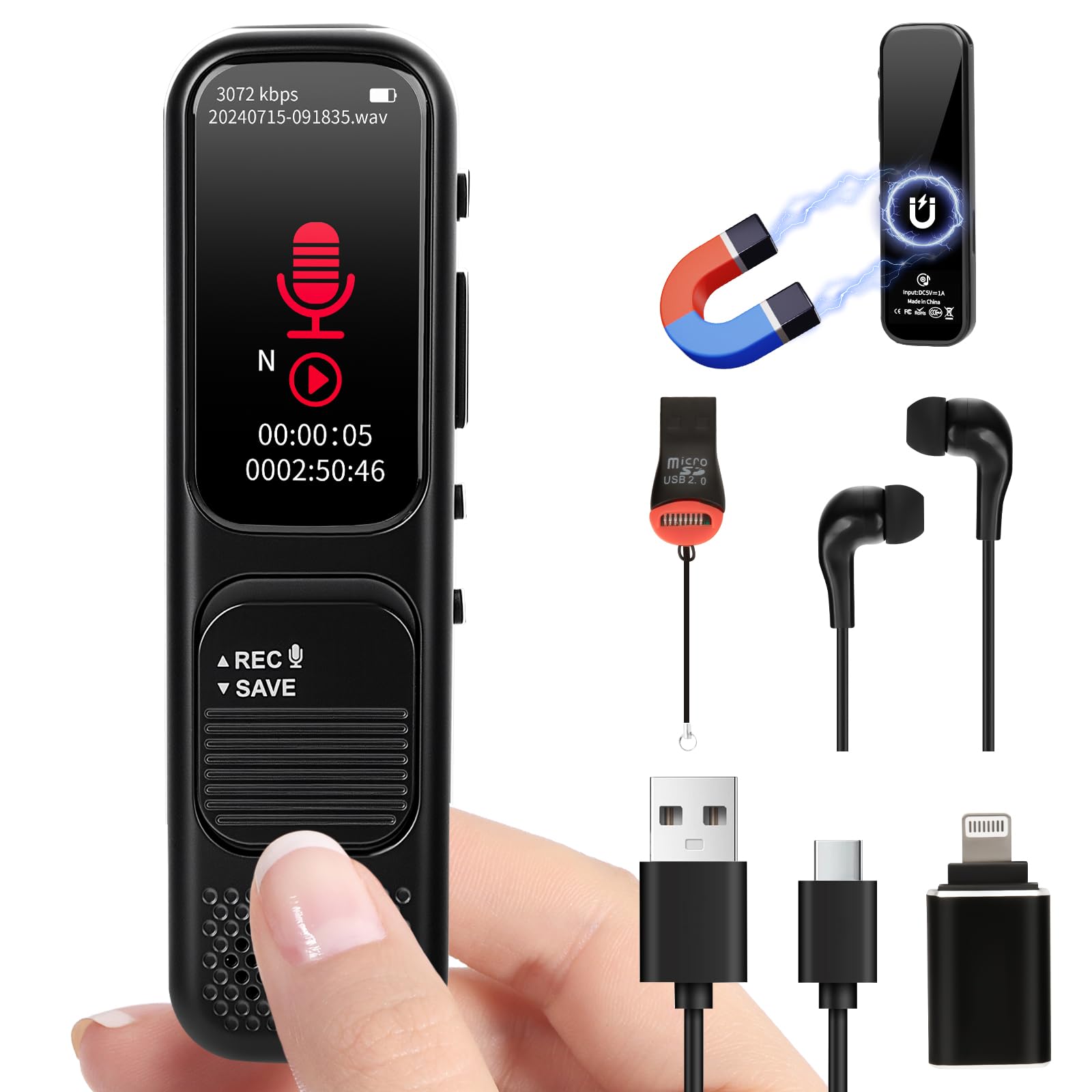 64 GB Diktiergerät Digital mini – 3072 Kpbs Magnetisches Sprachaktiviertes Aufnahmegerät mit DSP-Rauschunterdrückung für Anrufe/Interviews/Unterricht/Besprechungen