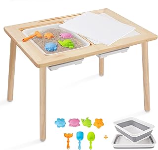 Frogprin Kids Table for Play Study Dining, Upgrade Sensory Table for Toddlers, Indoor Outdoor Play Sand Activity Center, with 2 Large Storage Bins, 7 Sand Toys, Birthday for Children