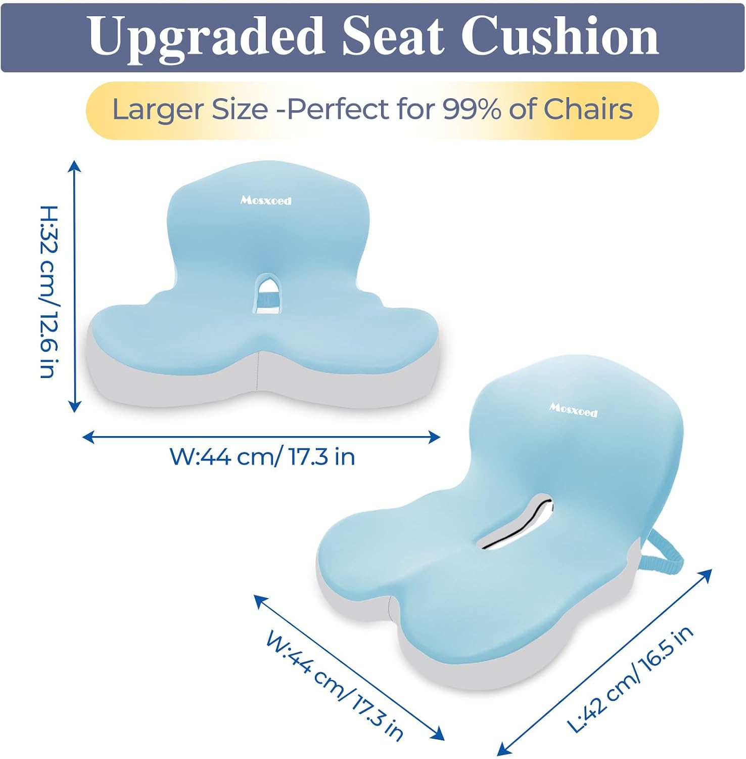 Memory Foam Seat Cushion for Sciatica & Back Pain Relief - Ergonomic Chair Pad with Adjustable Strap & Supportive Comfort Cover, Non-Slip for Car, Truck, Office Chair - Blue thumbnail