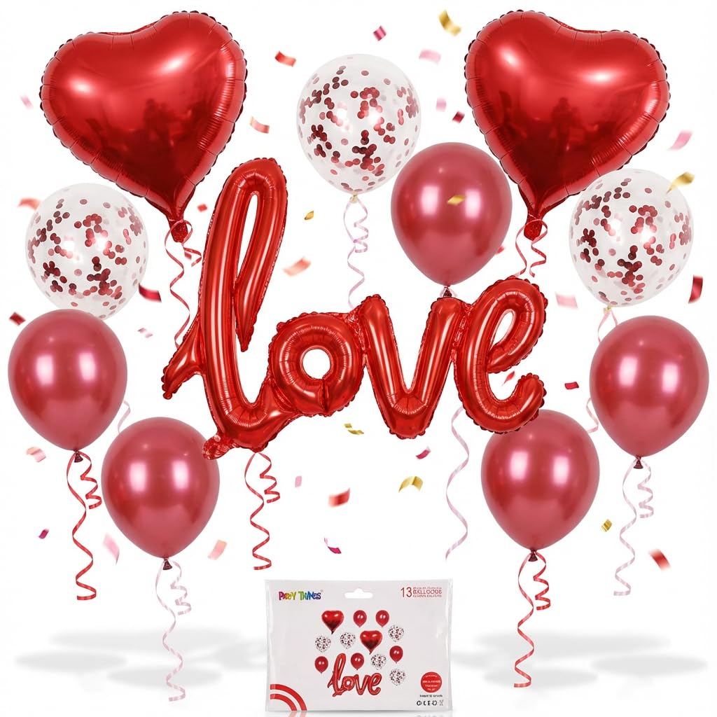Love Balloon Set 13pcs – Red “LOVE” Script Foil Balloon, 2 Heart Foil Balloons + Red Latex & Confetti Balloons for Valentine’s Day, Anniversary, Proposal & Party Decor