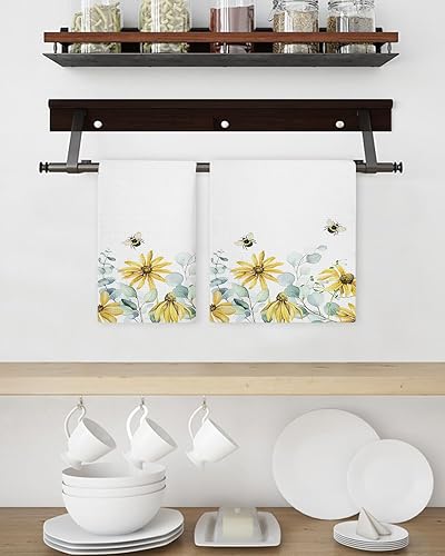 Miniatura 3 de Kitchen Towel 2 Packs Cotton Waffle Weave, Floral Leaves Bee Farmhouse 16 x 24 Inch Absorbent Quick Drying Dish Towels Clothes for Kitchen Living