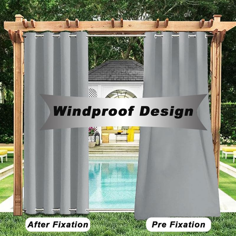 Outdoor Vorhang Wasserdicht Winddichte Outdoor Vorhänge Wetterfest mit Ösen Oben und Unten, Sonnenschutz Blickdicht Outdoor Vorhang für Pavillon Garten, 1 Stück, Grau, B254xH160cm