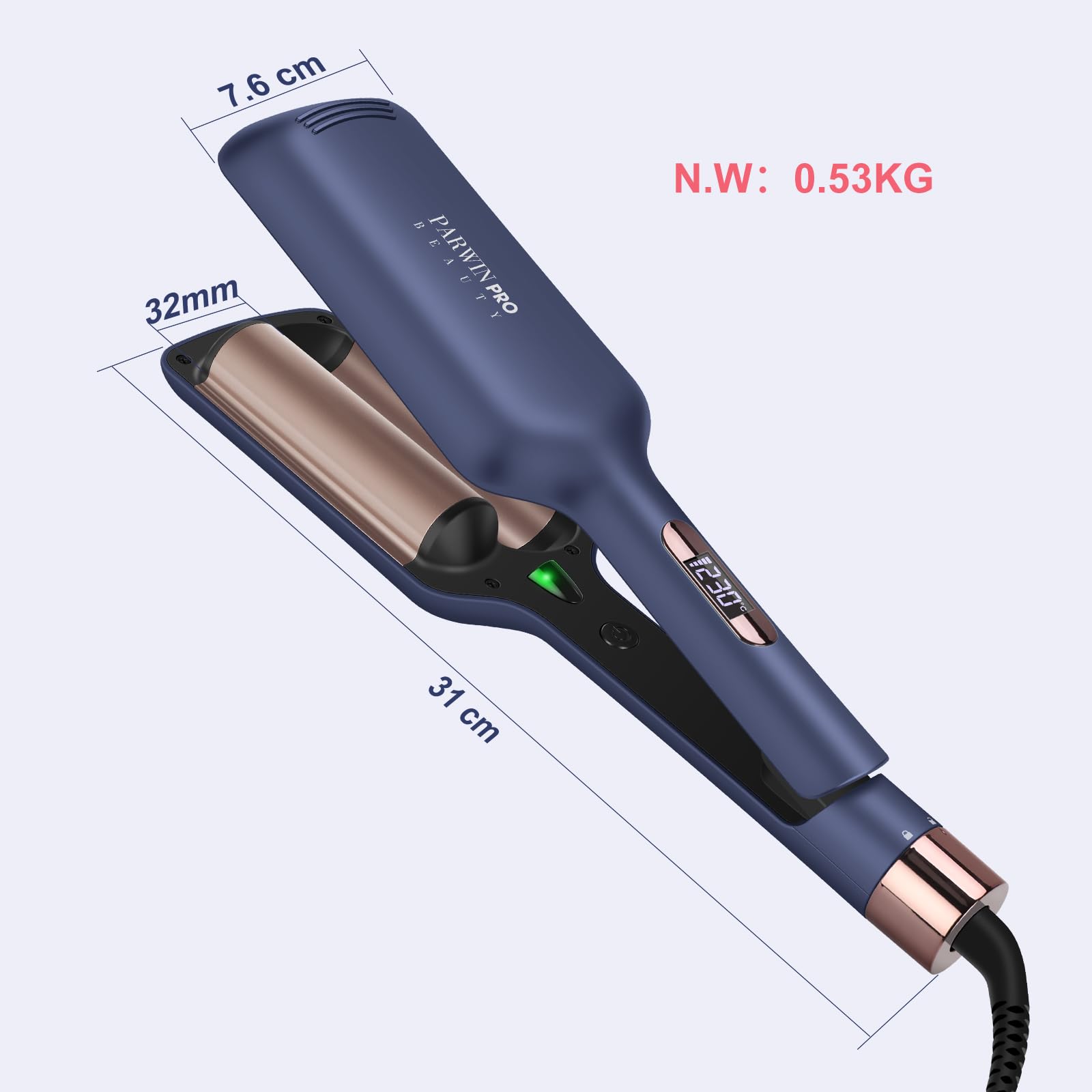 2 Fässer Meerjungfrau Welleneisen für haare, 32MM Lockenstab große locken, PARWIN PRO BEAUTY -Hair Curler, Wellenstyler mit 4 Einstellbarer Temperatur, Sofortiges Wellen (Preußischblau)