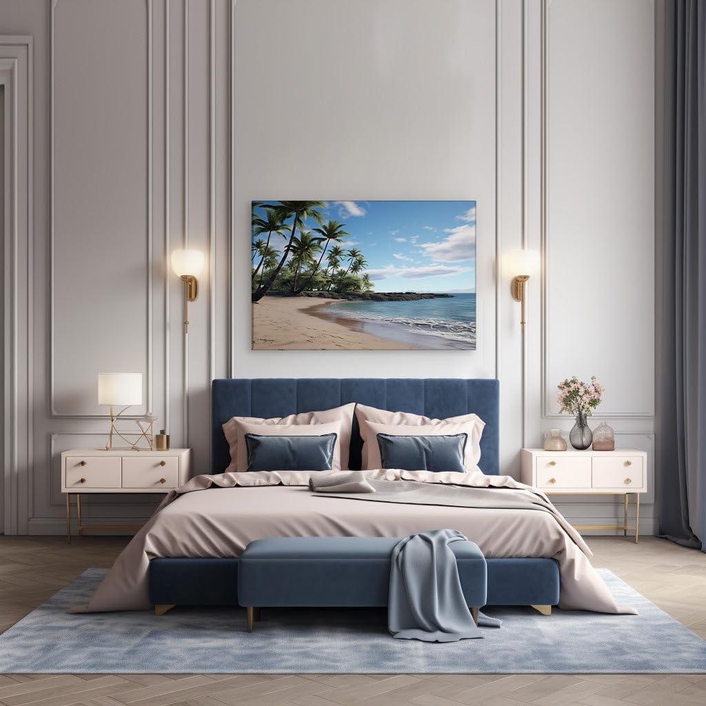 Canvas for Living room. Escape to Tranquility: Discover Your Own Slice of Paradise Amidst Lush Palms and Gentle Waves, 27 x 18 inch Canvas Wall Art - Modern Home Decor