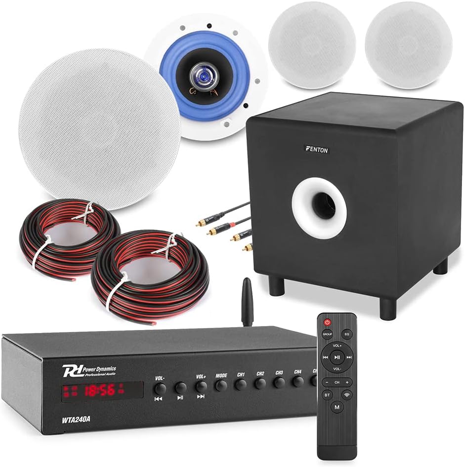Power Dynamics Smart WiFi Ceiling Speaker System with Bluetooth – Home Audio Package with 4x 6.5 Speakers, 8″ Active Subwoofer & Amplifier for Single & Multi Room Wireless Installations