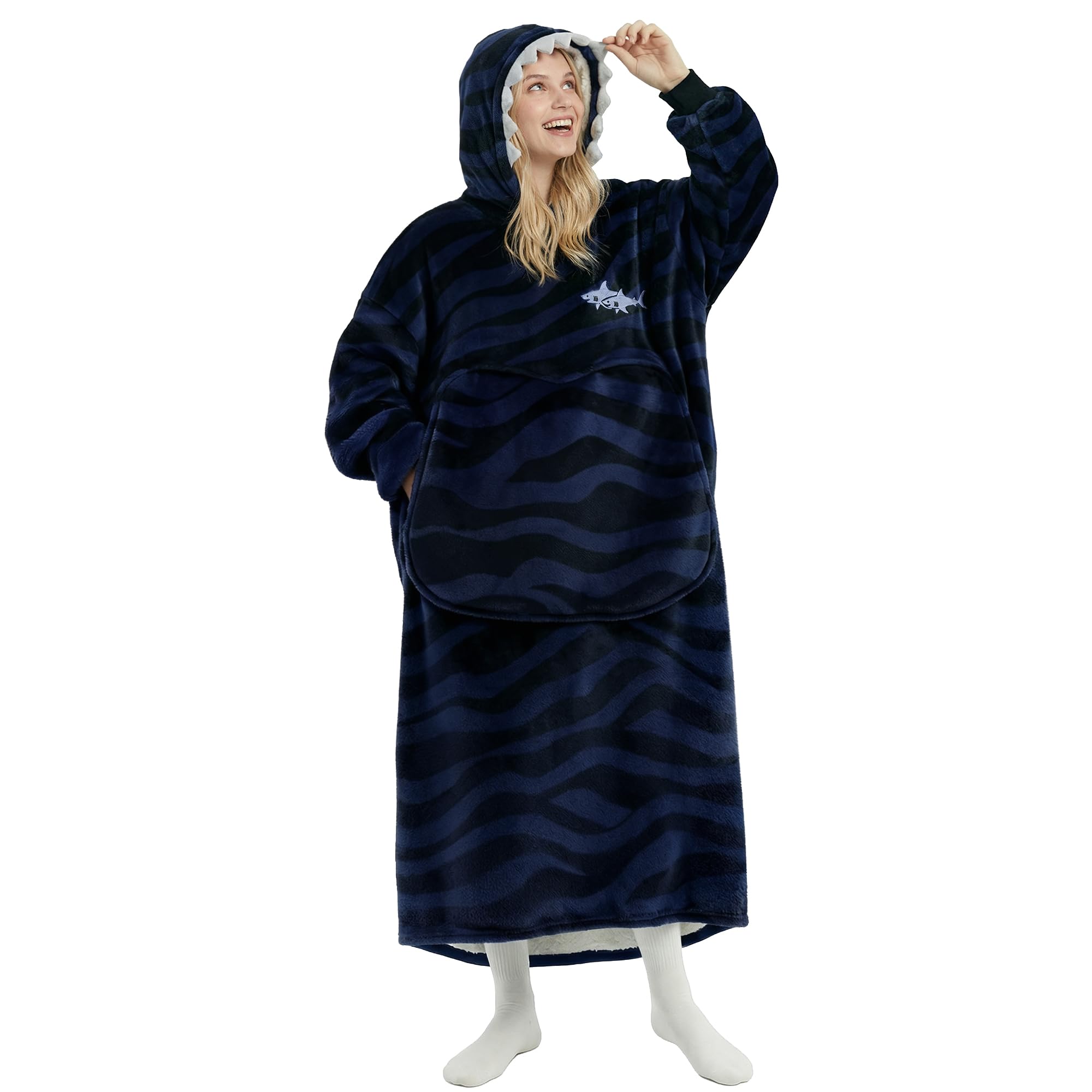 Mewaii Wearable Blanket Hoodie for Adults, Soft Flannel & Warm Sherpa, Shark Hoodie with Giant Pocket, Shark Onesie Long Sweatshirt for Lounging, Outdoor Walks, Cozy Gifts for Women Girls — image 1