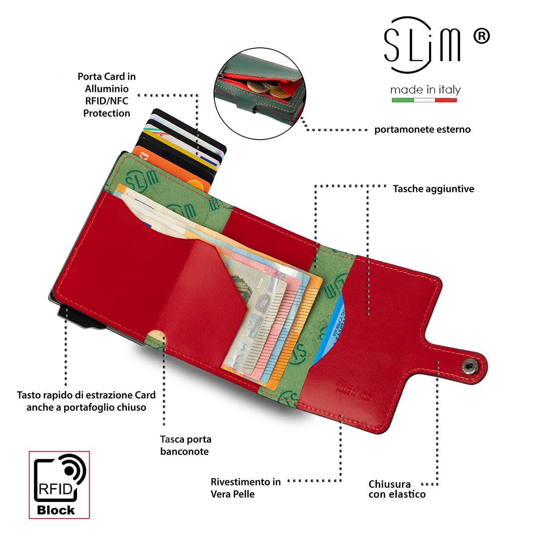 SLim Porta Carte di Credito Schermato Portafoglio Uomo Rfid Portatessere Anticlonazione Donna Portacarte Uomo (Verde e Rosso, Con Zip)