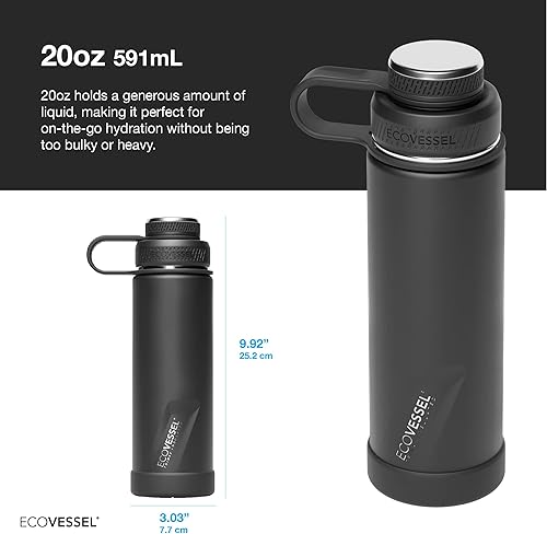 Miniatura 3 de EcoVessel Botella de agua de acero inoxidable con tapa doble aislada, botella de agua aislada con colador y parachoques de botella de silicona, taza