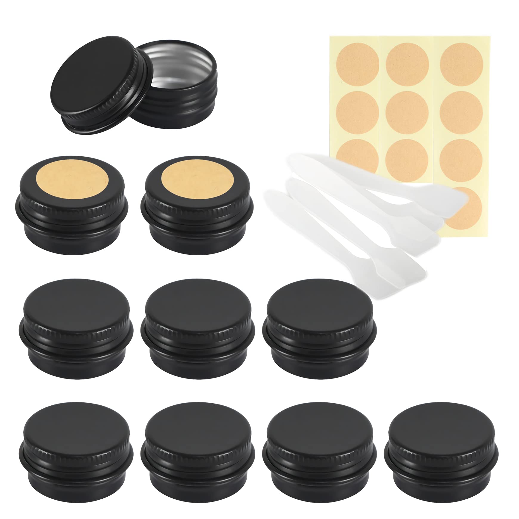 LusDoly Pack of 10 Empty 5ml Matte Black Aluminium Tins with Lids - Ø26x15mm Travel Round Aluminum Screw Pots Cosmetic Cream Container Jars for Candle Lip Balm, Salve, with Spatulas & Labels — image 1