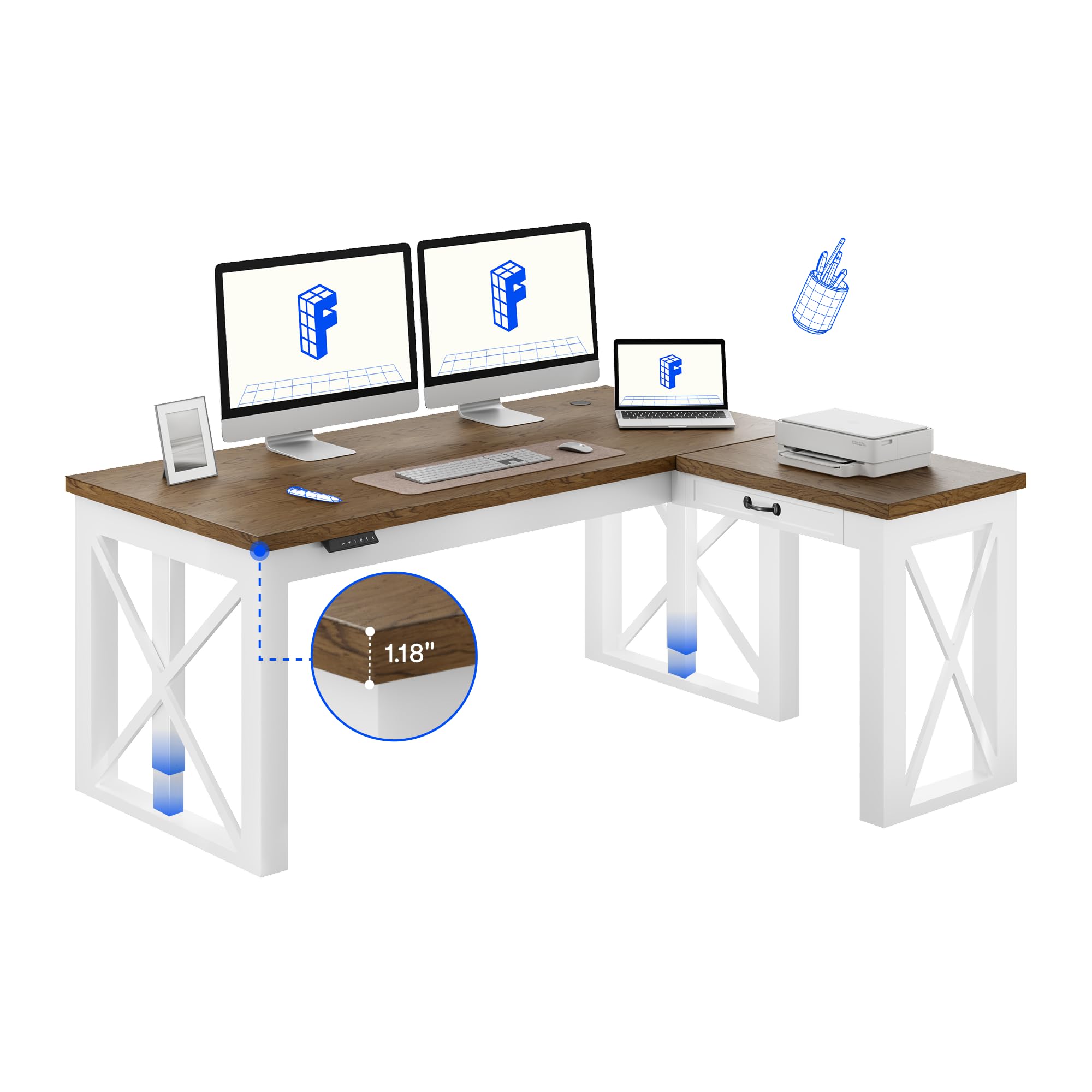 FLEXISPOT L-Shaped Executive Electric Standing Desk 62x48 Wood Farmhouse Home Office Height Adjustable Corner Desk with Drawer 3
