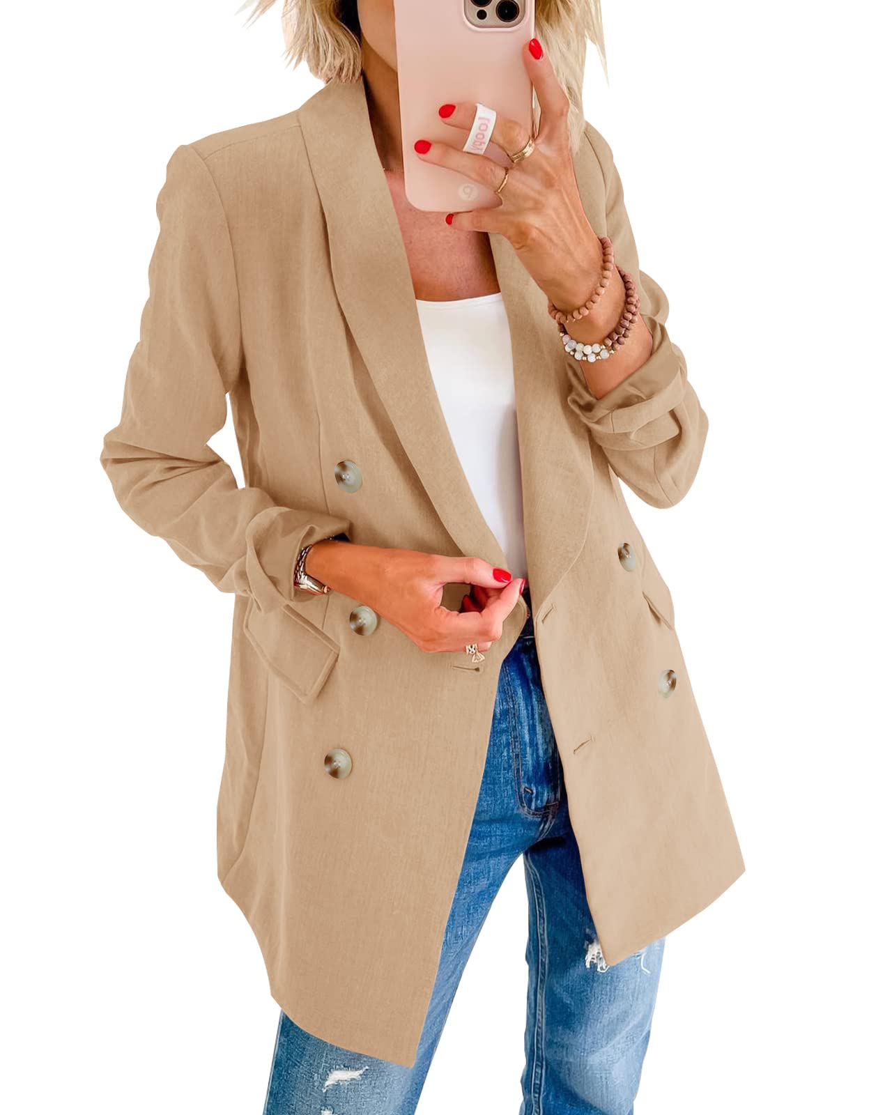 Womens Casual Blazers Long Sleeve Button Open Front Lapel Collar Long Blazer Work Office Jackets with Pockets