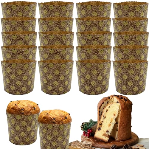 DHER 20 pcs Panettone-Form Panettone Backform aus Papier Panettone-Förmchen aus reinem Zellstoff Hochtemperaturbeständige Panettone Kuchenpapierträger Weihnachtsbrot Pappbecher (Gold, 90 * 85 mm)