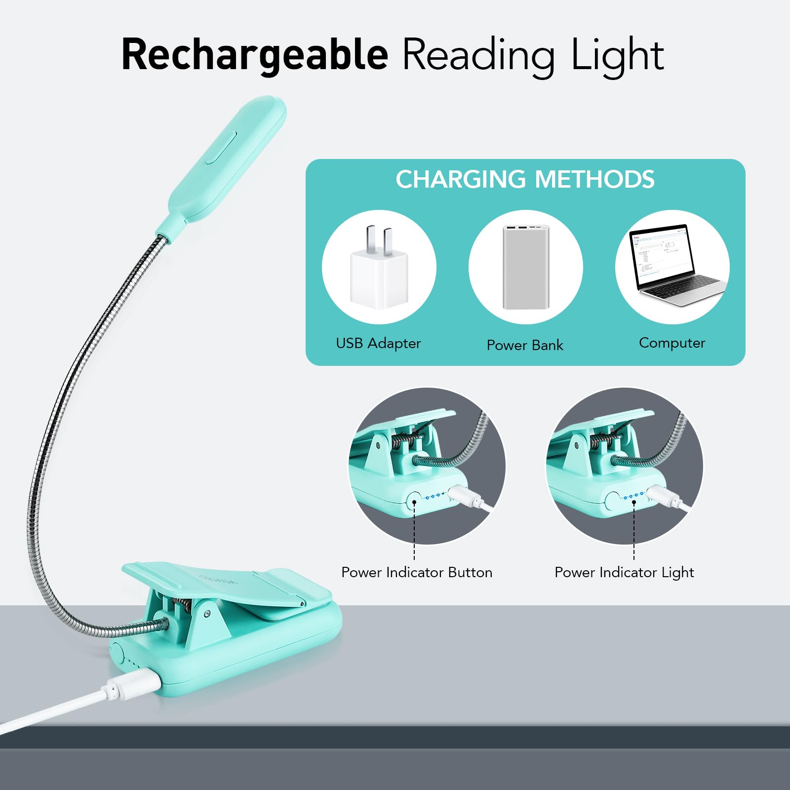 VAVOFO Luce ricaricabile per libri, blocco della luce blu, ambra 1600 K, luce da lettura con clip, 7 LED, luce per libri per bambini per leggere a letto con indicatore di alimentazione per topi di