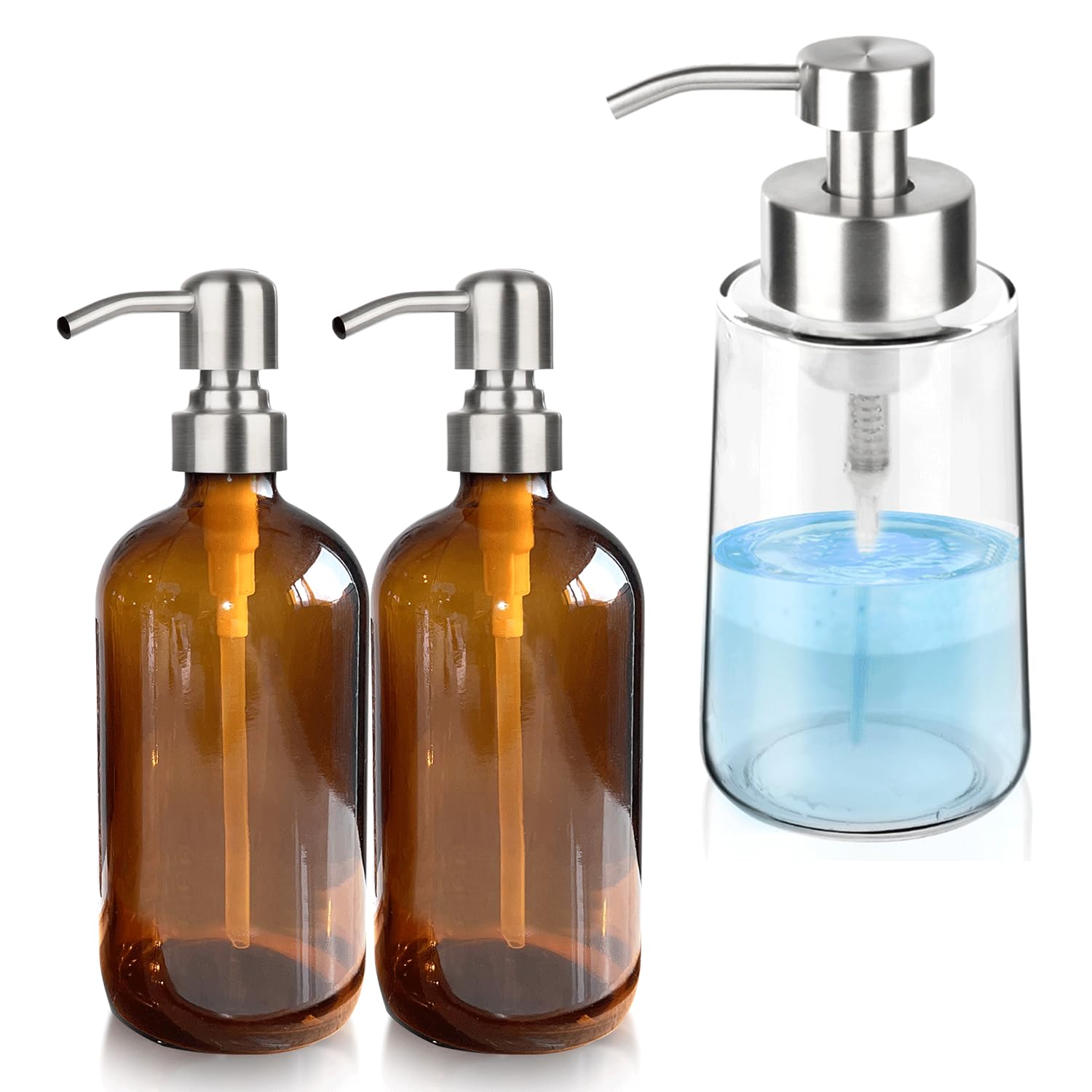 2 Pack Amber Glass Soap Dispenser with Silver Pump & Glass Foaming Soap Dispenser