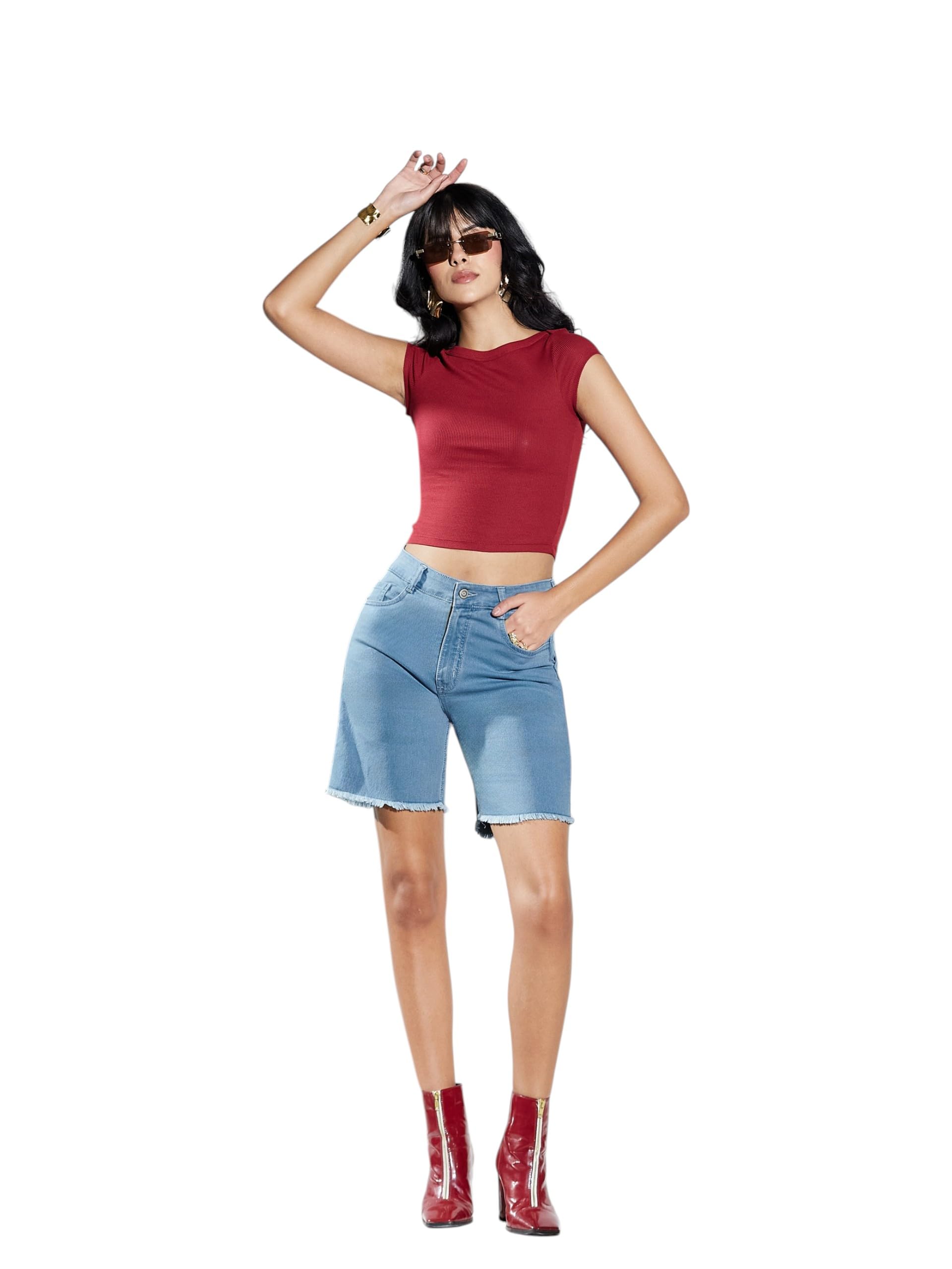 miss chase Women's Regular High Rise Above Knee Stretchable Denim Shorts-picture-27