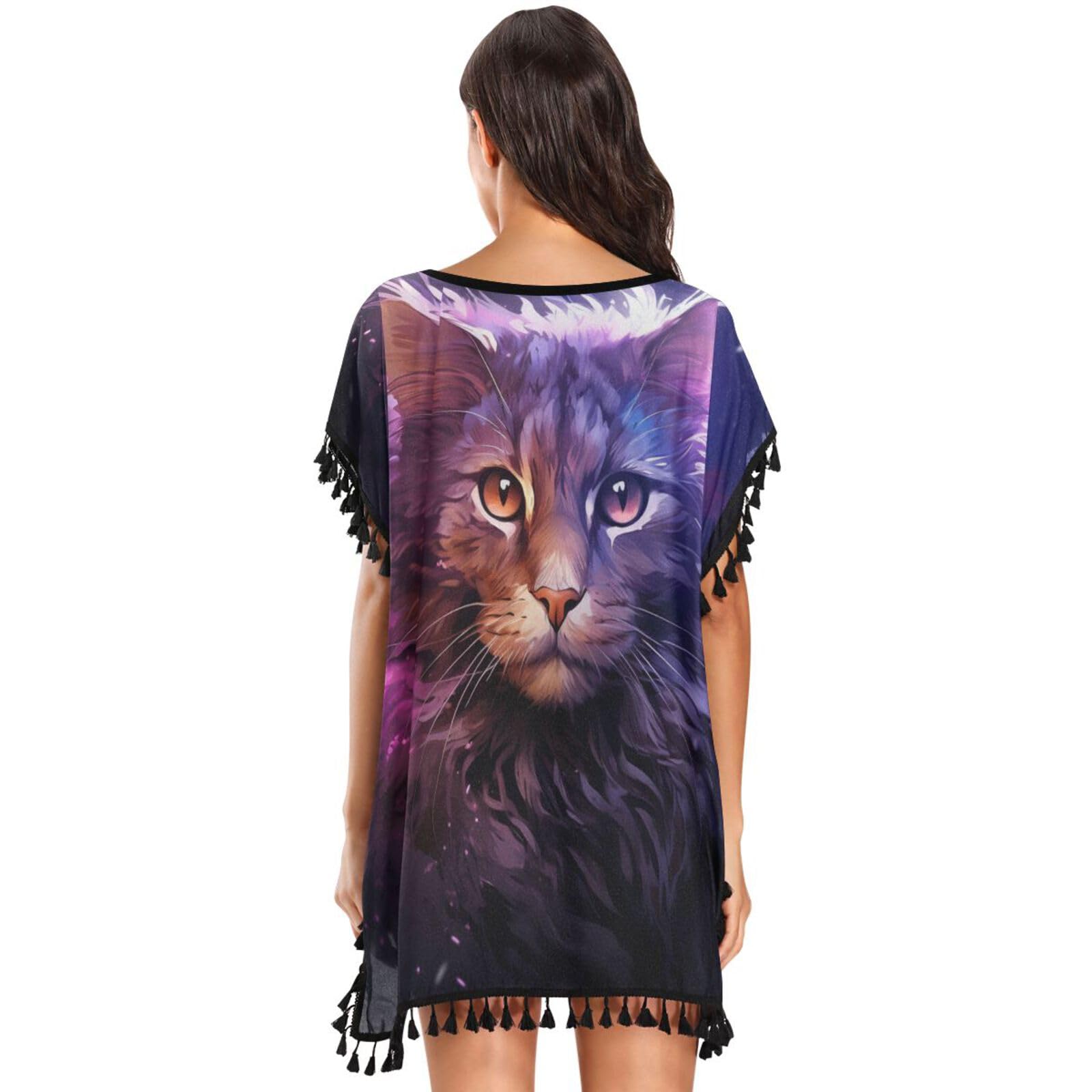 Purple Abstract Art Cat Women's Beach Cover Up Chiffon Tassel Swimwear Swimsuit Coverups for Girl