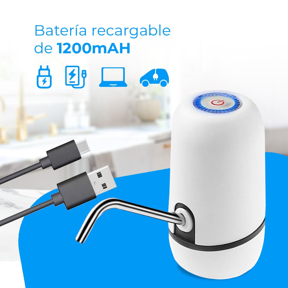 NK Dozownik wody - automatyczny dozownik wody, ładowanie przez USB, stalowy dozownik, wolny od BPA, zimna woda, 1200mAh, przenośny, do butelek i karafek o pojemności 1,5L, 5,7L, 10L... - kolor biały