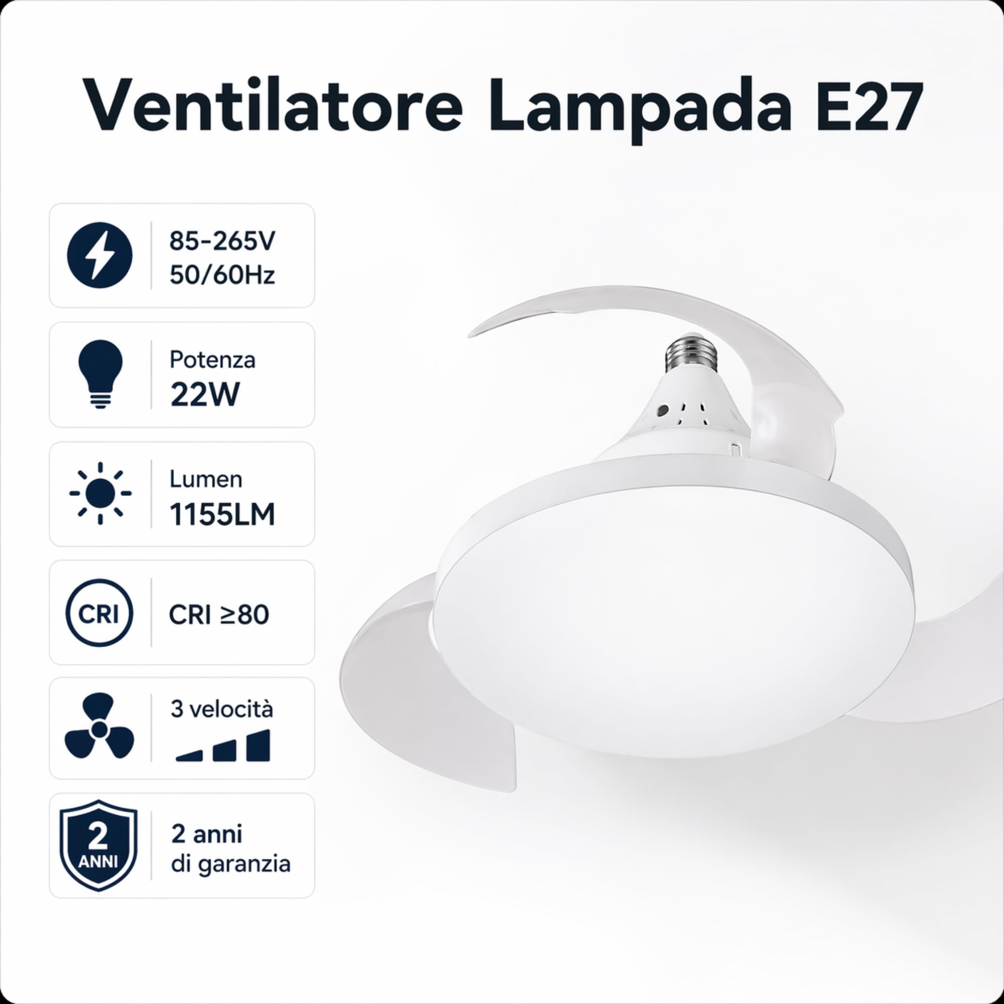 MAKA Ventilatore da Soffitto con Luce LED 22W E27, Telecomando 3 Velocità, Pale Retrattili, Motore 10W Silenzioso, 1155LM, 3000K 4000K 6500K, 220V IP20, per Bagno