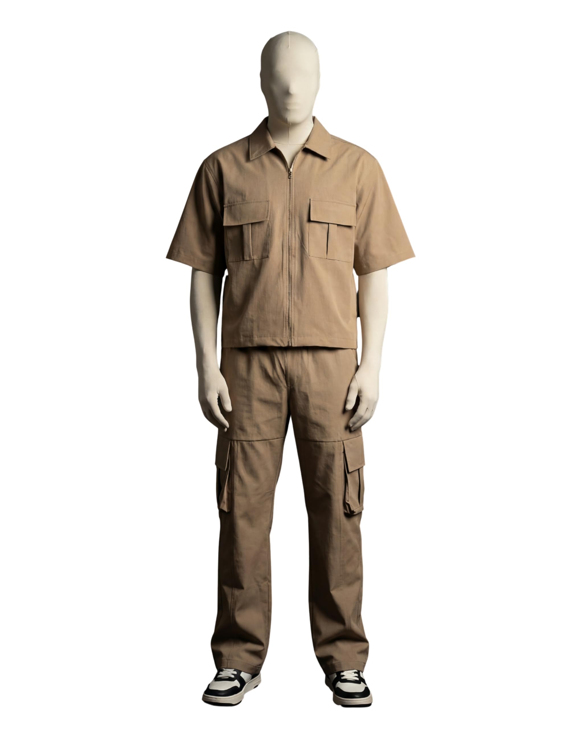 Tan Utility Co-Ord Set for Men Tech-Nylon Fabric, Zip-Up Shirt & Multi-Pocket Cargo Pants Stylish Urban Wear (Brown-5XL)-image-48