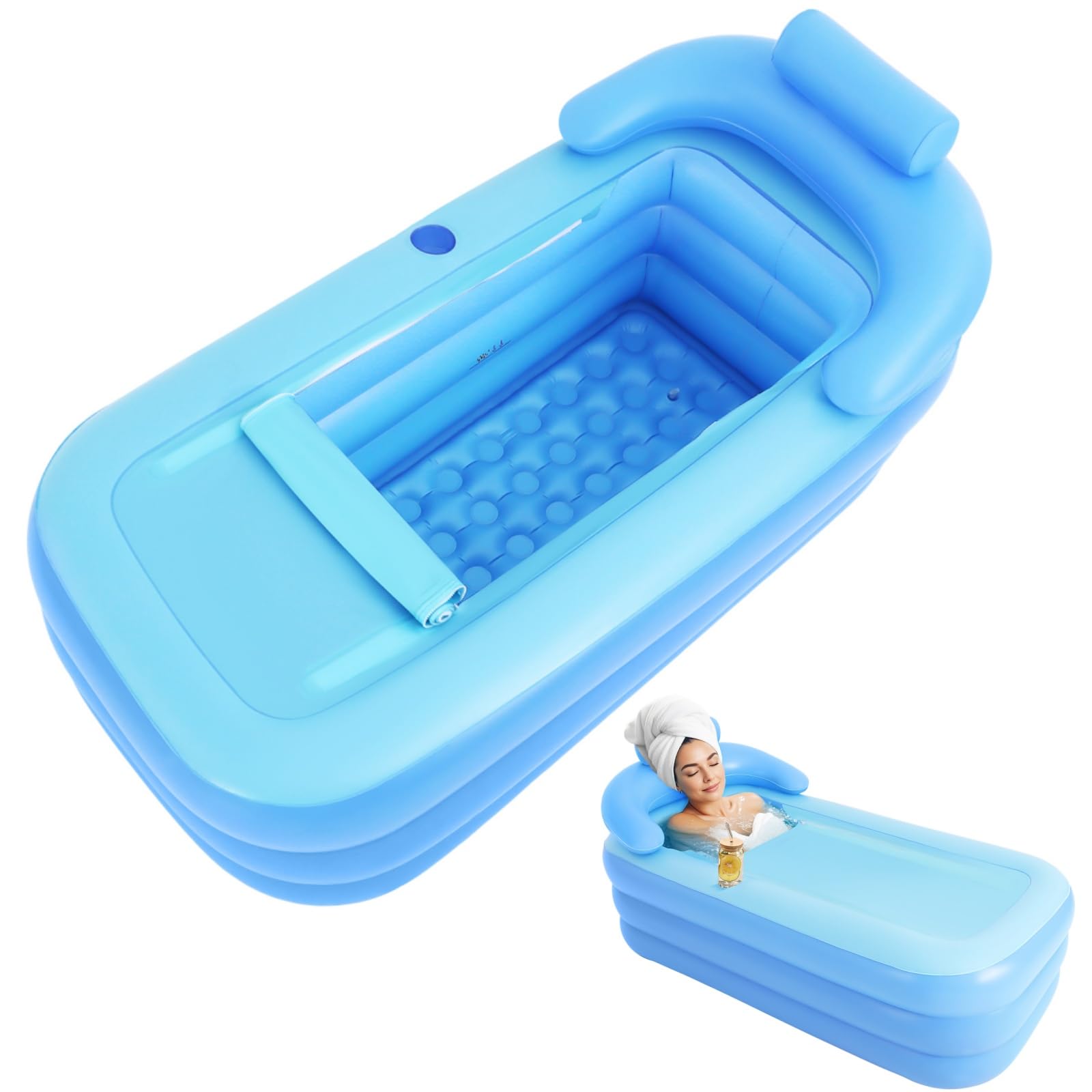 Baignoire gonflable pour adulte - Baignoire pliable en PVC bleu avec appuie-tête, dossier et accoudoir, porte-gobelet, siphon de sol, coussin d'assise, 160 x 84 x 64 cm, pour la maison, le voyage, le