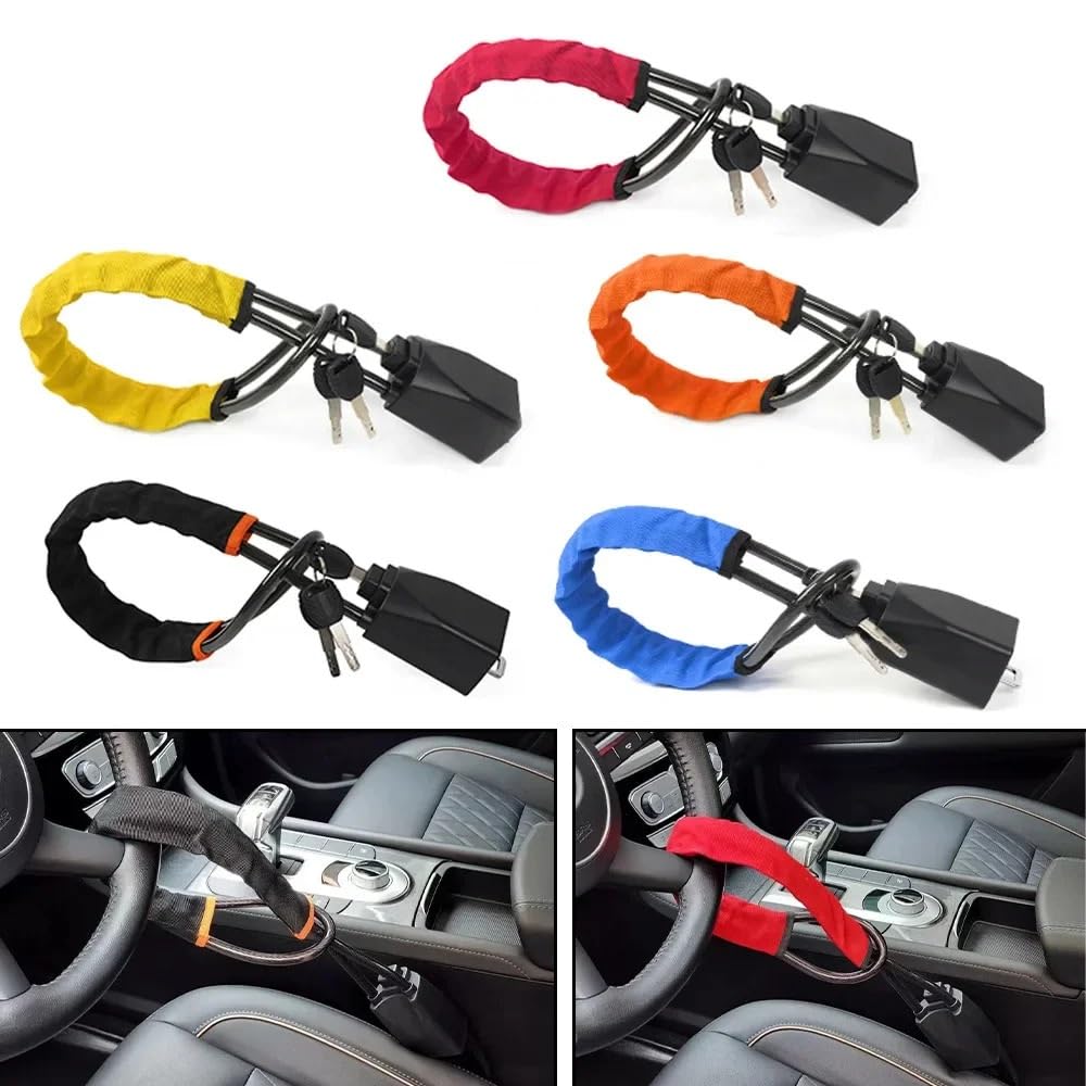 Antirrobo para volante Bloqueo de volante de coche, hebilla de seguridad antirrobo, bloqueo de Cable de acero, bloqueo de cuerda extensible, bloqueo de rueda de dirección del vehículo(Yellow)