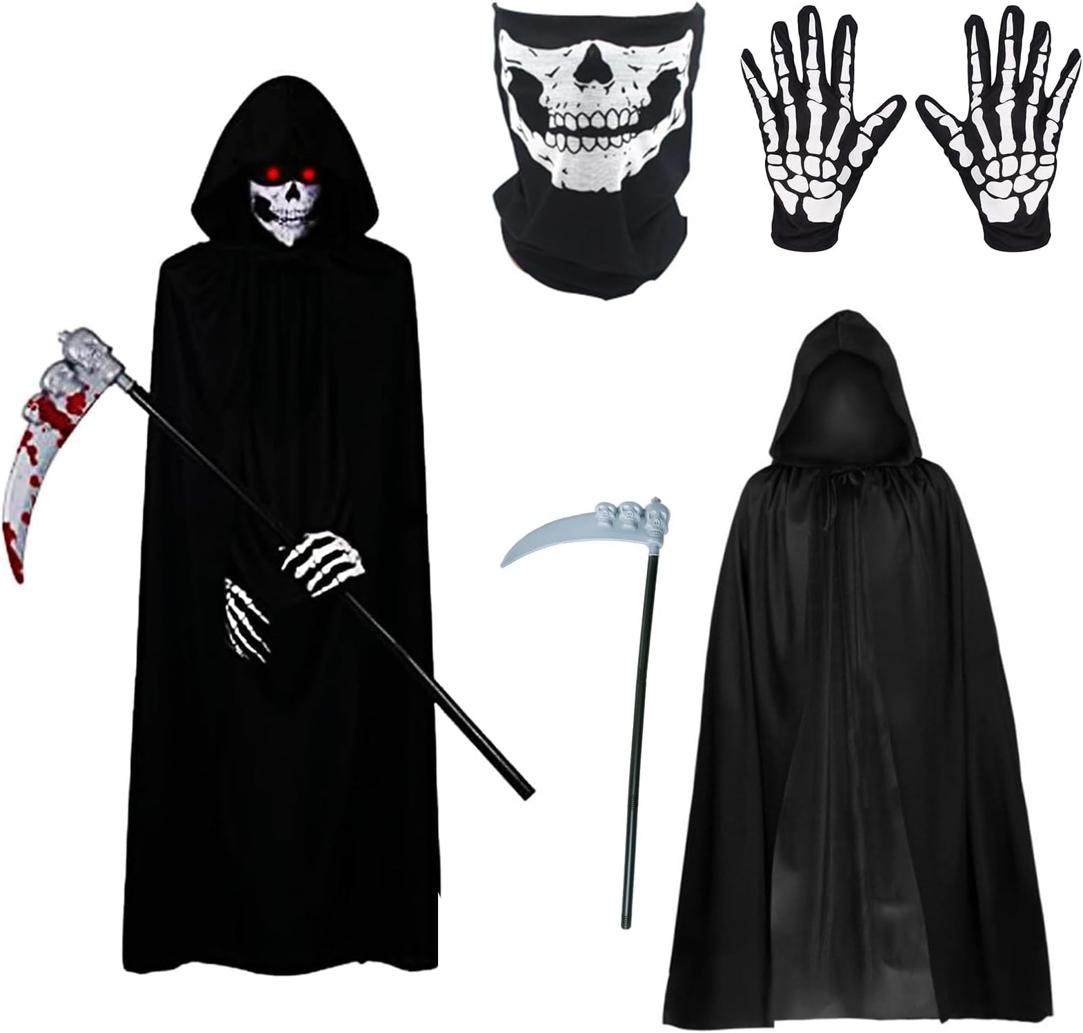 TAPIT Halloween Grim Reaper Costume for Adults, Halloween Costumes Outfits Robe + Skeleton Mask+ Gloves + Scythe Set for Adults