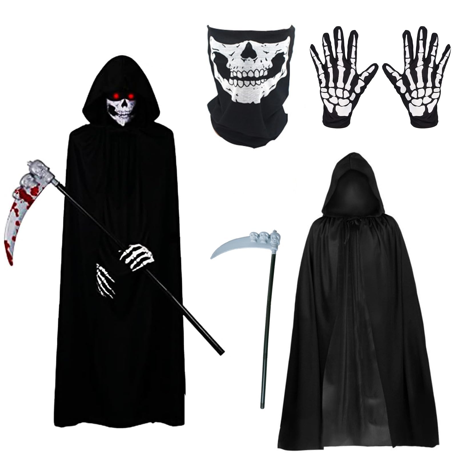 TAPIT Halloween Grim Reaper Costume for Adults, Halloween Costumes Outfits Robe + Skeleton Mask+ Gloves + Scythe Set for Adults