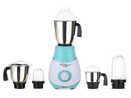 SilentPowerSunmeet Riaa 750W Mixer Grinder with 3 Stainless Steel Jars and 2 Bullet Jars (1 Wet Jar, 1 Dry Jar, 1 Chutney Jar and 2 Bullet Jars), GREEN-WHITE.Make In India(ISI Certified)