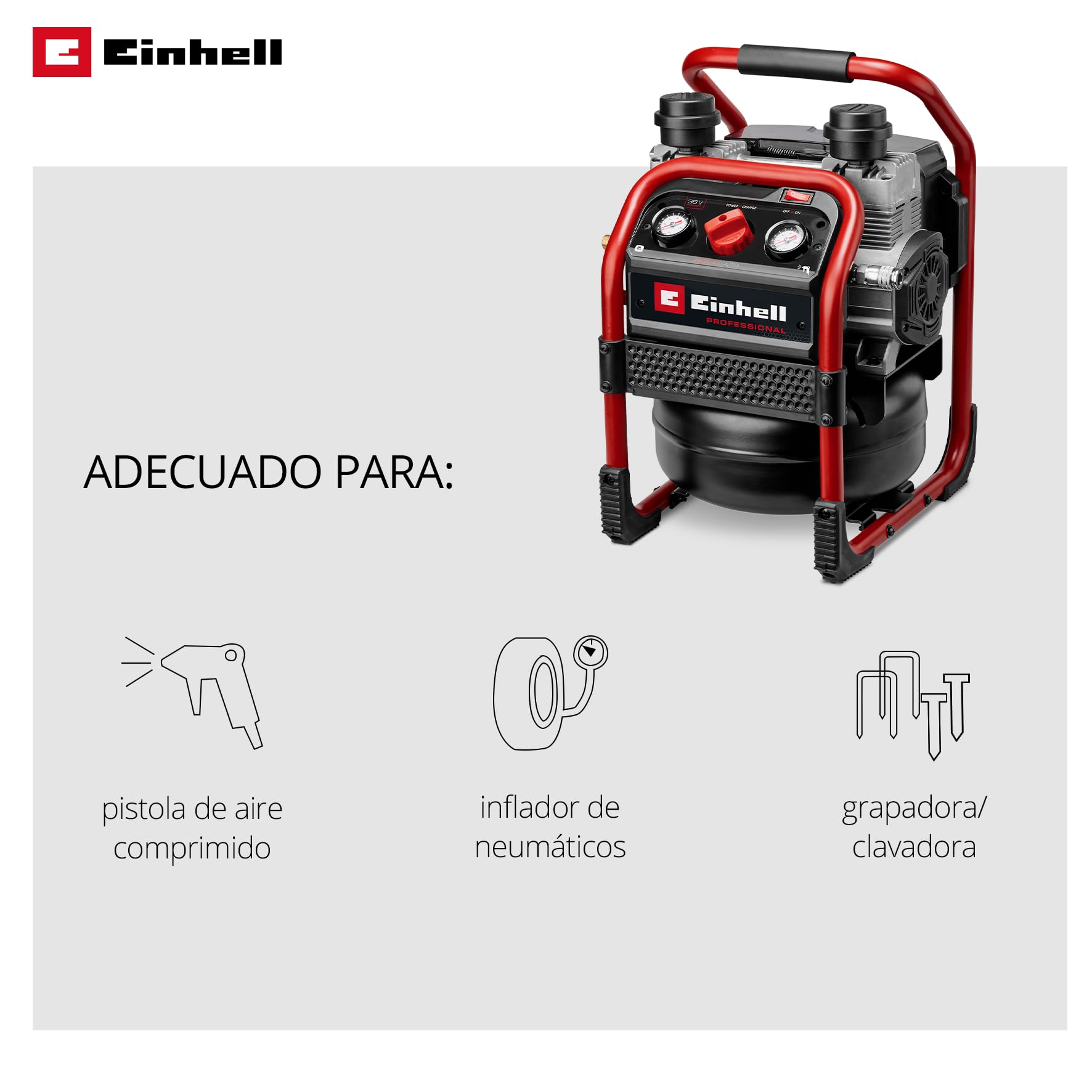 Compresor con batería SILENZZO 36/210 Einhell Professional Power X-Change (36 V, máx. 8 bar, depósito de 8 l, potencia de aspiración 210 l/min, manómetro, sin aceite, silencioso, sin batería)