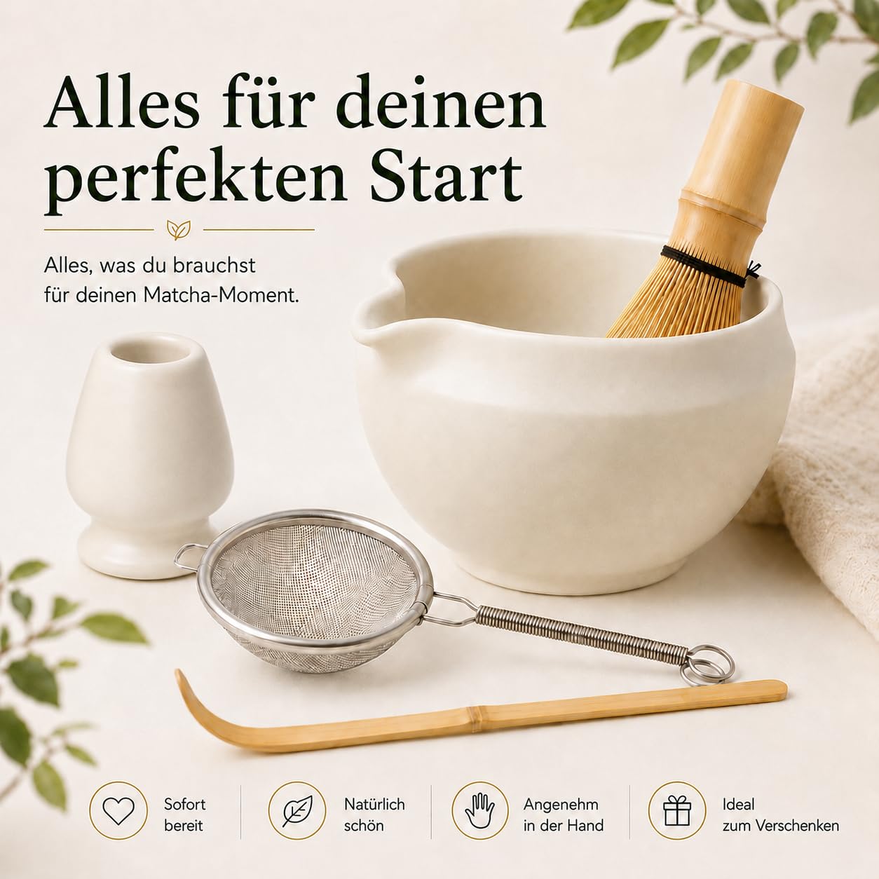 Set da 5 pezzi con ciotola per matcha, frusta in bambù, supporto per scopa, cucchiaio e setaccio, accessori per la preparazione tradizionale del matcha, regalo per gli amanti del matcha