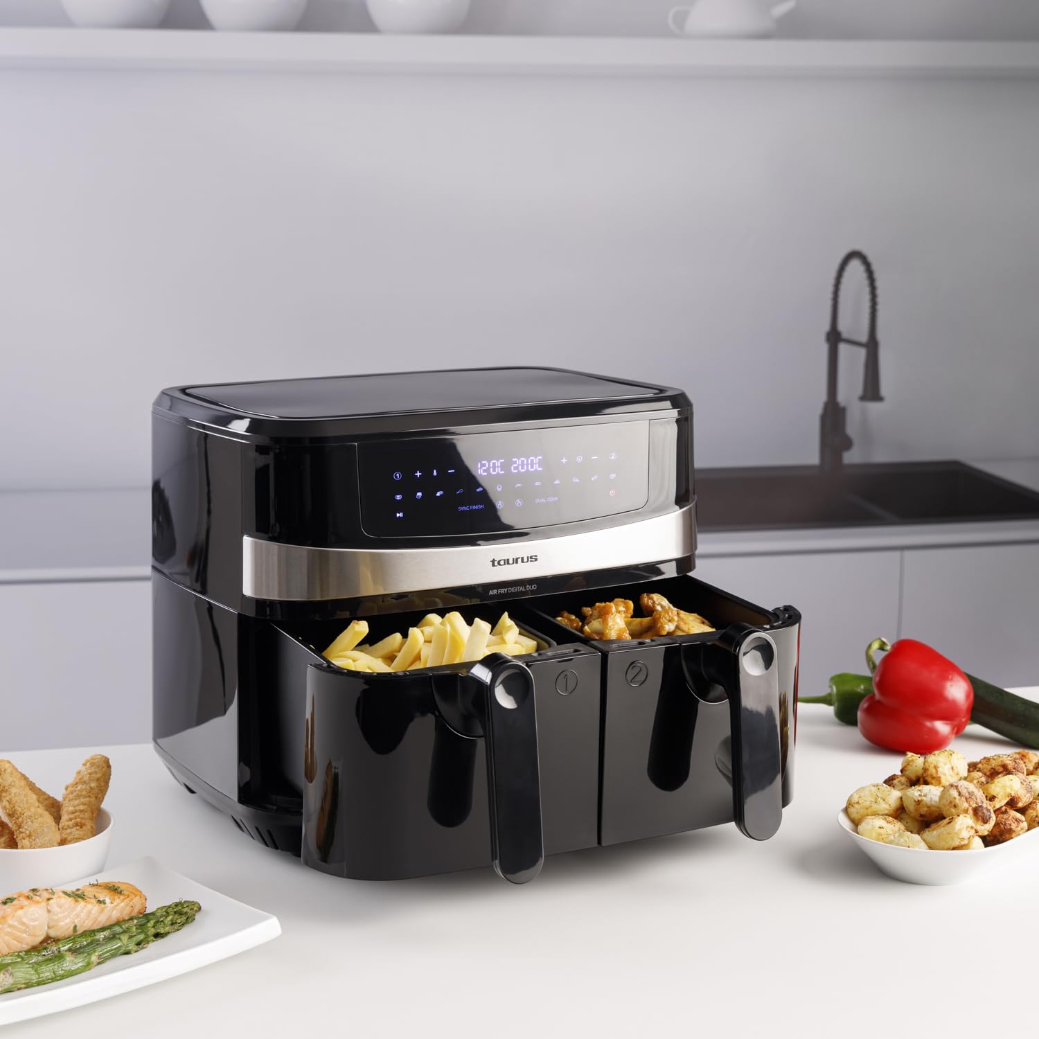 Taurus - Friggitrice Ad Aria Senza Olio Air Fry Digital Duo 9L | 2.600W | Doppio cestello 4,5L | 12 programmi predefiniti | Timer digitale 60 minuti | Air Fryer Touch Screen | Senza BPA