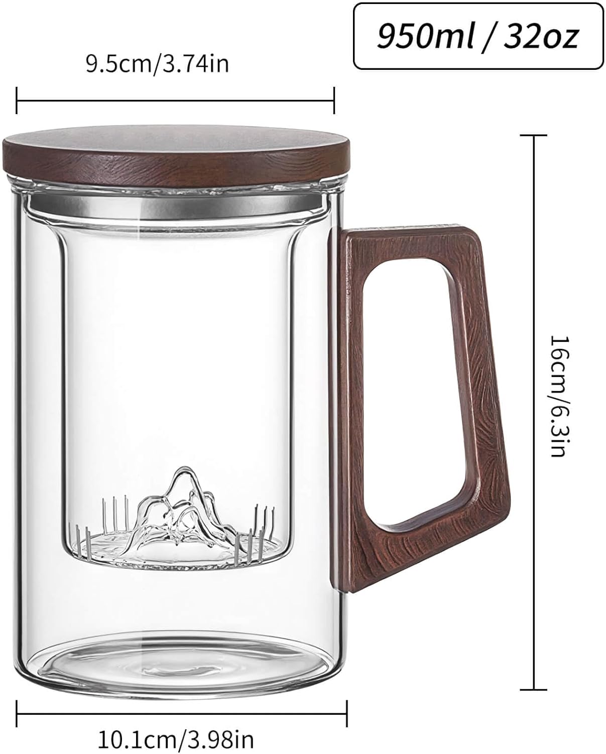 Unbreakable - Glass Tea Cup with Infuser and Lid, 950ML / 32oz Large Borosilicate Tea Mug with Wooden Handle and Lid, Heat Resistant Glass Tea Cup for Loose Leaf Tea, Home Office Use