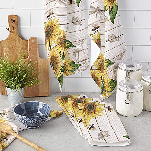 Absorbent Microfiber Kitchen Towels(Set Of 2),Farmhouse Sunflower Bees Dragonfly,Tea Towel For Kitchen/Bathroom Decorative Bar Towels,Vintage Rustic Wood,Soft Resuable Dish Towels Cloths Washable #TOP2