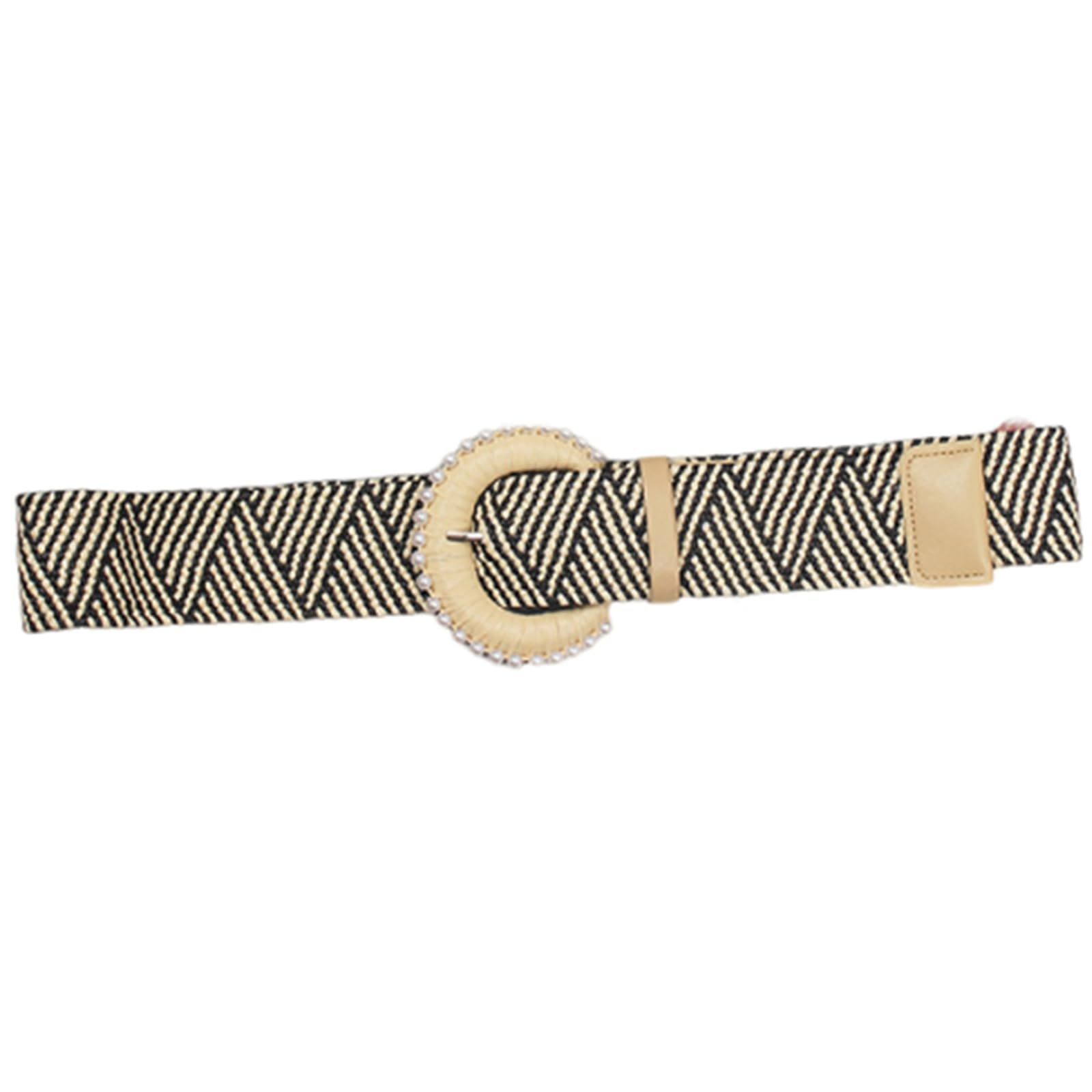 AGUTALITHIC Women Straw Woven Stretch Dress Belt, 4.8cm Wide Boho Braided Raffia Elastic Waist Strap with Pearl Prong Buckle(105cm/41, Striped-A)