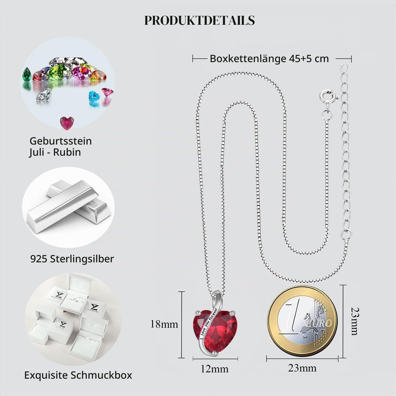 YL Damen Halskette 925 Sterling Silber "I love you" Anhänger 12 Geburtsstein Zirkonia Halskette Schmuck Geschenke für Mutter Freundin Damen