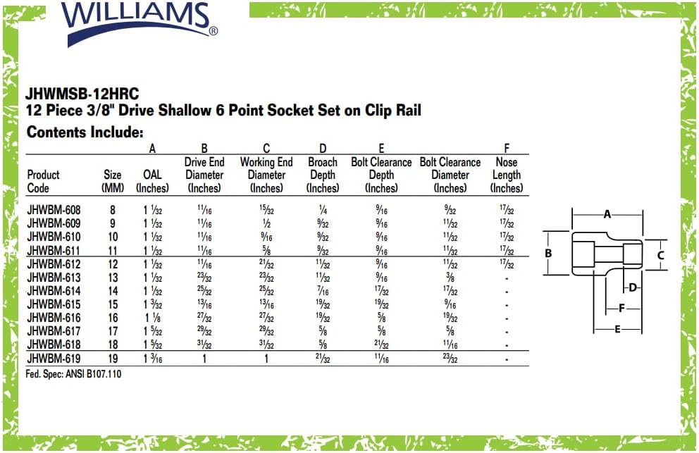 Williams JHWMSB-12HRC 3/8-Inch Drive Shallow Sockets, 6-Point Metric, 12-Piece Set