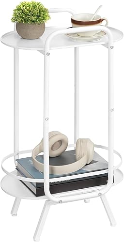Miniatura 1 de HOOBRO Mesa auxiliar redonda pequeña, bonita mesita de noche blanca, mesa auxiliar ovalada de 2 niveles con bandeja de almacenamiento, para sala de