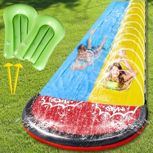Wasserrutsche Garten 15.8ft/480cm,Doppelrutsche mit Eingebautem Sprinkler,Aufblasbare Wasserrutsche mit 2 Aufblasbaren Boards,Wasserrutsches Garten für Kinder und Erwachsene