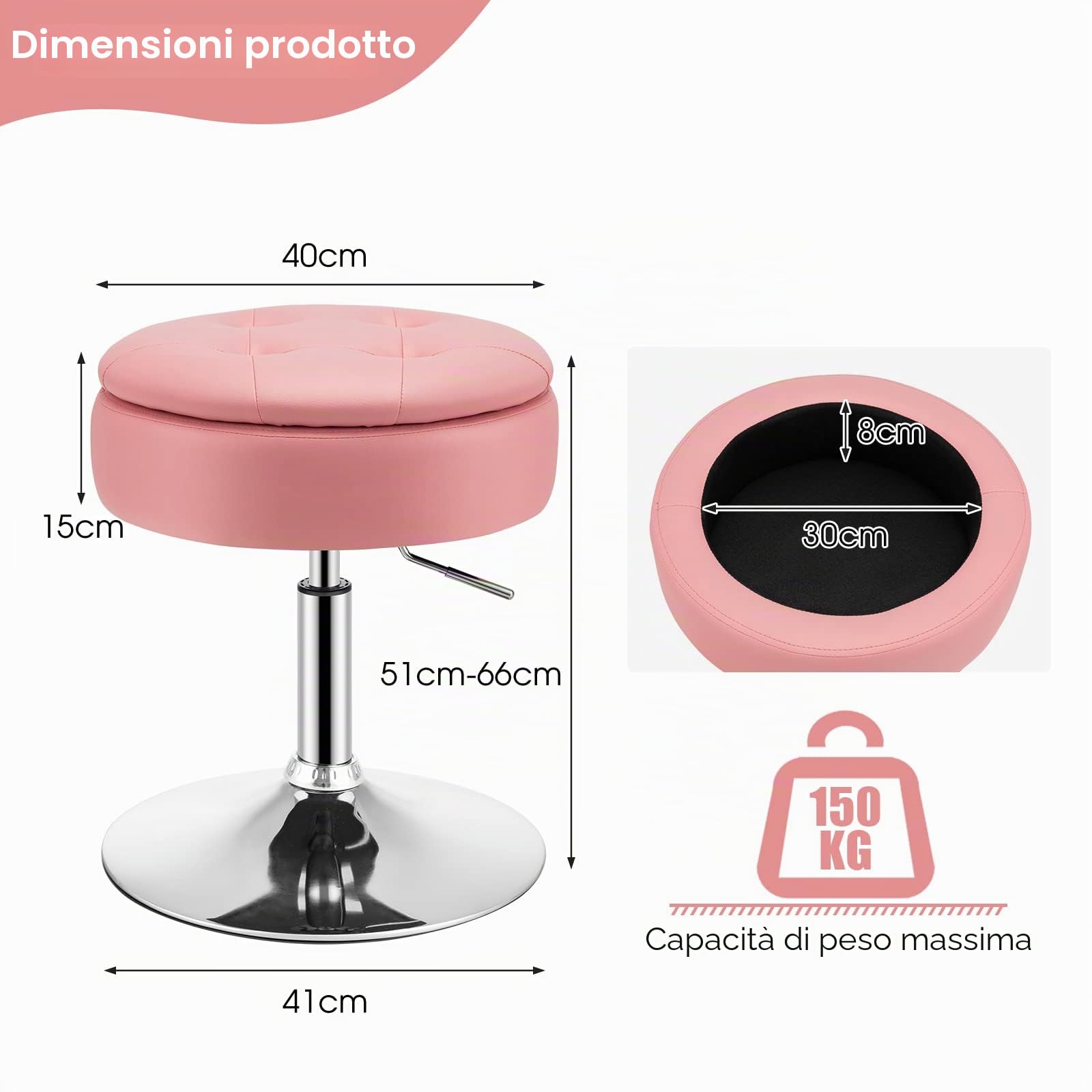 LIFEZEAL Sgabello da Bar, Sedia Rotonda Girevole, Sedile Rimovibile per Stoccaggio, Contenitore, Sedile Imbottito, Altezza Regolabile 51-66cm, Soggiorno, Ufficio, Max150 kg, Telaio in Metallo, Rosa