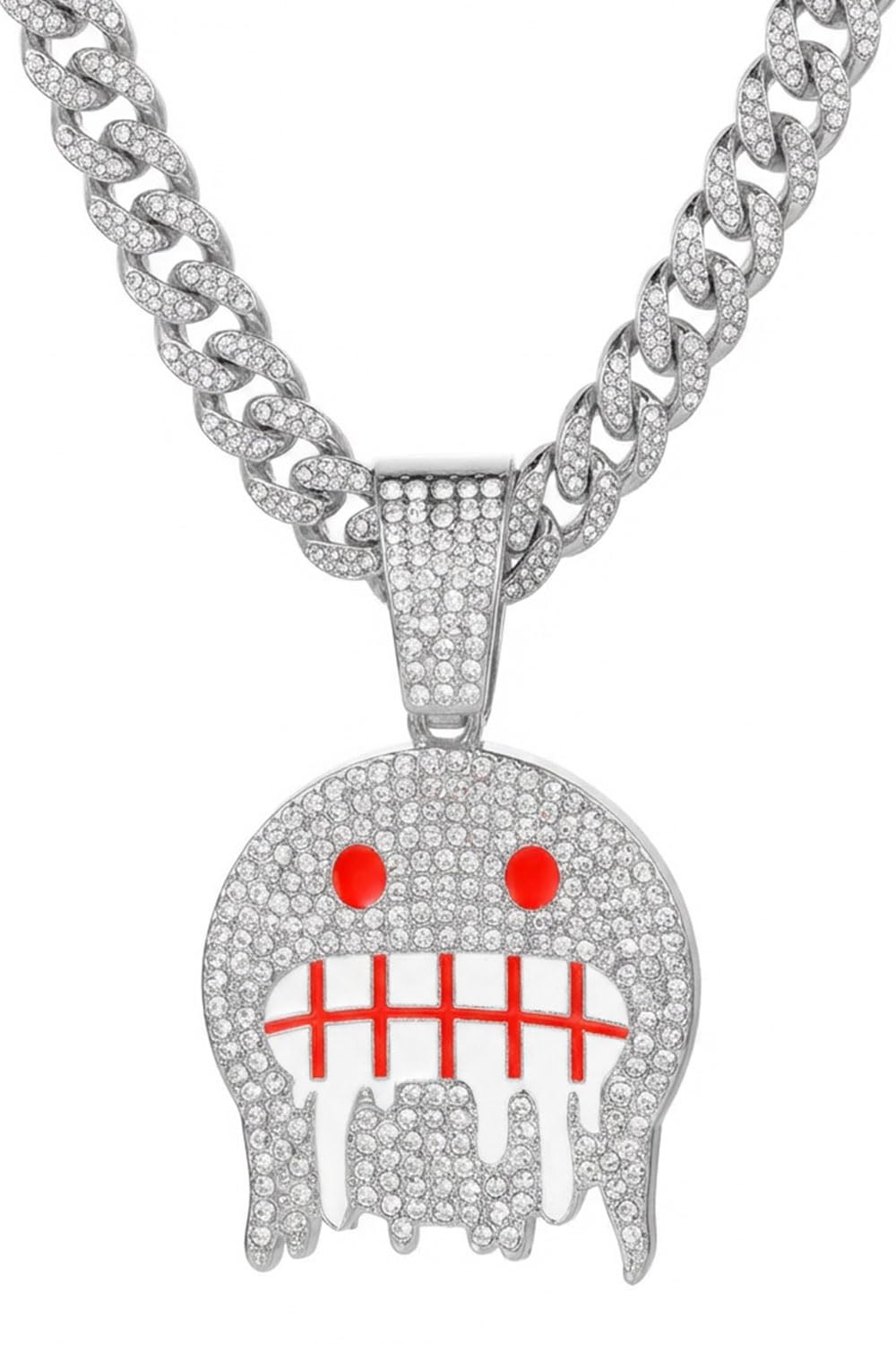 Iced Out Miami Cuban Link Chain with Emoji Pendant | Hip Hop Bling Necklace for Men & Women | Gold/Silver Plated with Full Rhinestones | Rapper Style Jewelry for Party