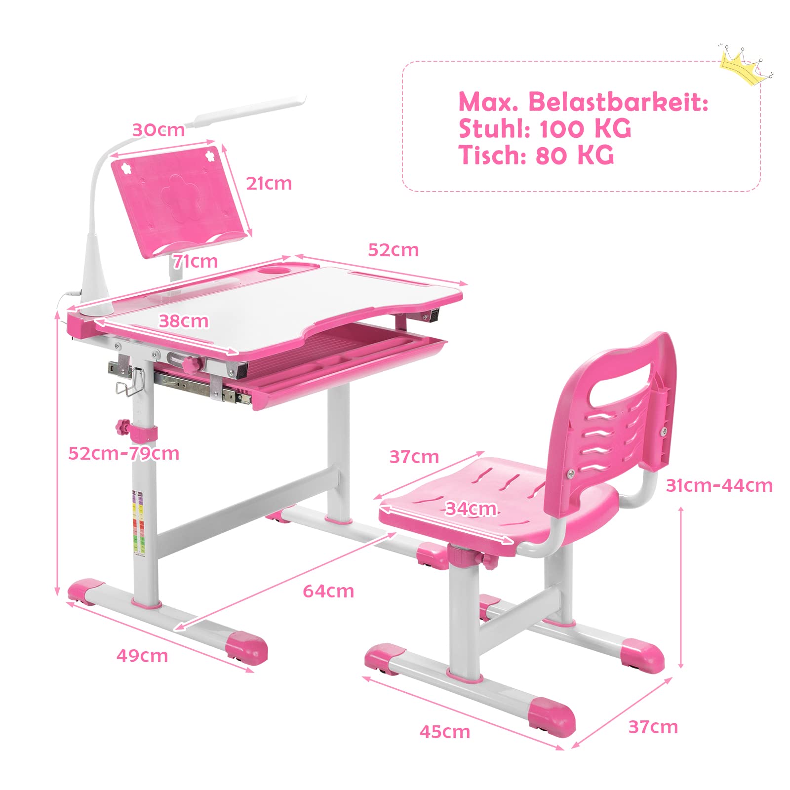 DREAMADE Kinderschreibtisch höhenverstellbar, Schülerschreibtisch neigungsverstellbar, Jugendschreibtisch mit LED-Lampe und Bücherständer, Schreibtisch Set für Kinder mit Stuhl und Schublade (Rosa)