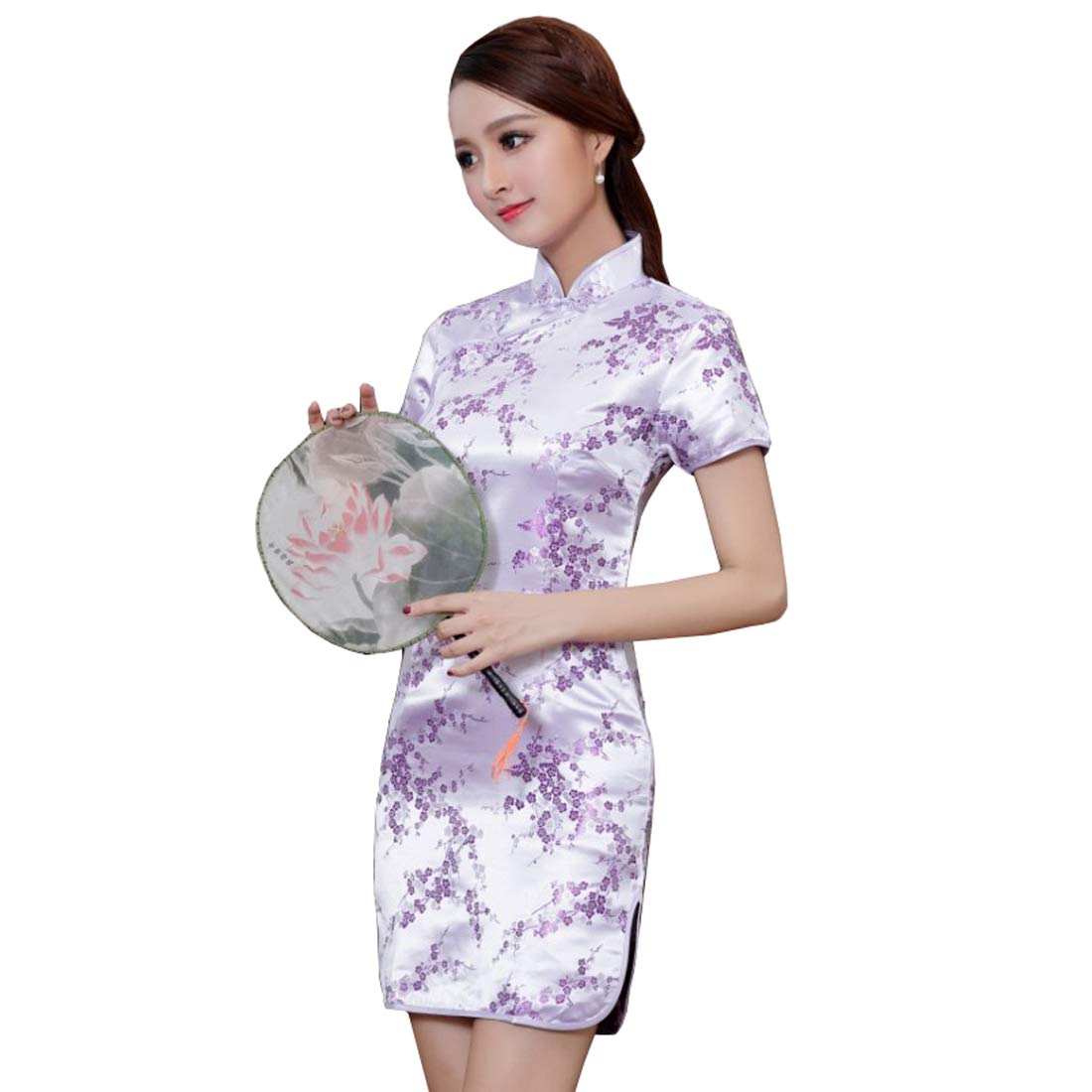 XueXian Women's Floral Flower Satin Brocade Qipao Cheongsam Short Sleeve Chinese Dresses Thigh Length (6, Lilac)